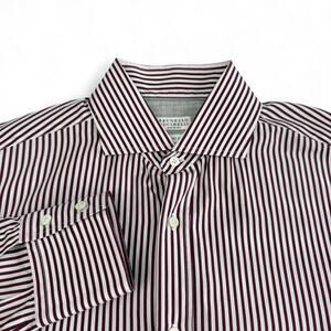 Brunello Cucinelli Shirt Mens Large Burgundy White Stripe Basic Fit Italy Cotton